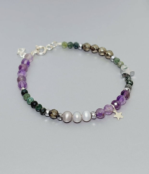 Bratara ametist, perle, hematit, pirita & agate moss. Transport gratuit