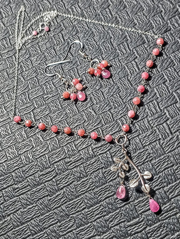 Set argint safir roz colier cercei conector ramura lant argint minimalist boho chic trendy - Transport gratuit
