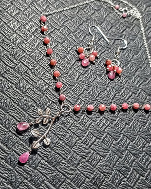 Set argint safir roz colier cercei conector ramura lant argint minimalist boho chic trendy - Transport gratuit