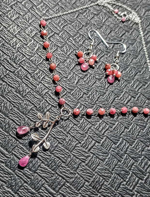 Set argint safir roz colier cercei conector ramura lant argint minimalist boho chic trendy - Transport gratuit