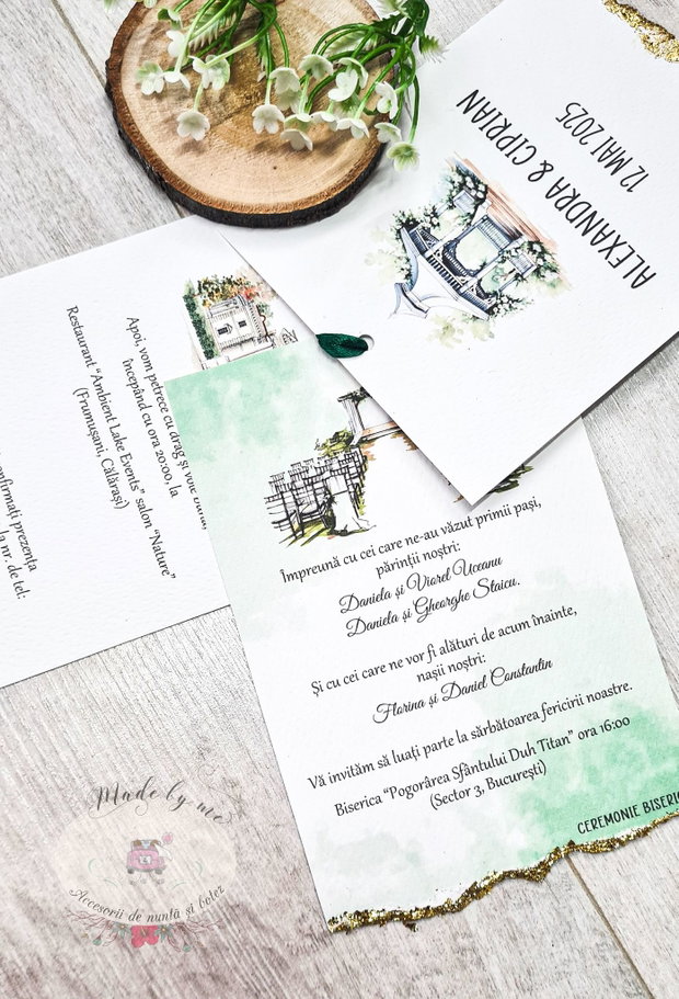 Invitatie nunta retro cu foita gold