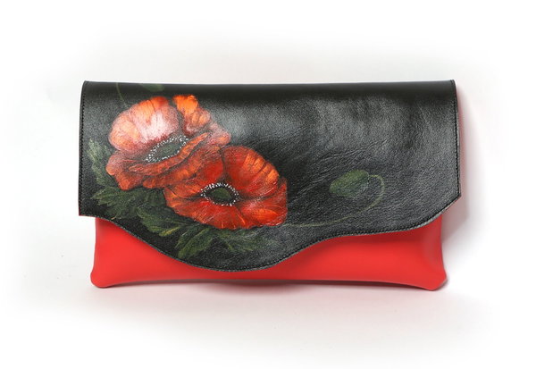 Plic din piele rosie cu capac negru pictat manual