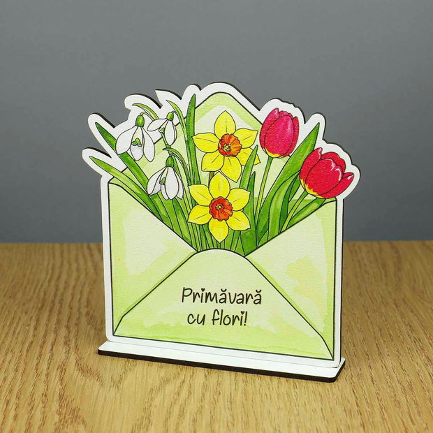 Placuta martisor personalizat, plic cu mesaj si flori