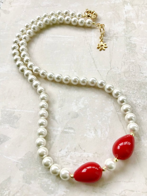 Colier CRACIUN / MARTISOR perle de Mallorca albe & roșii