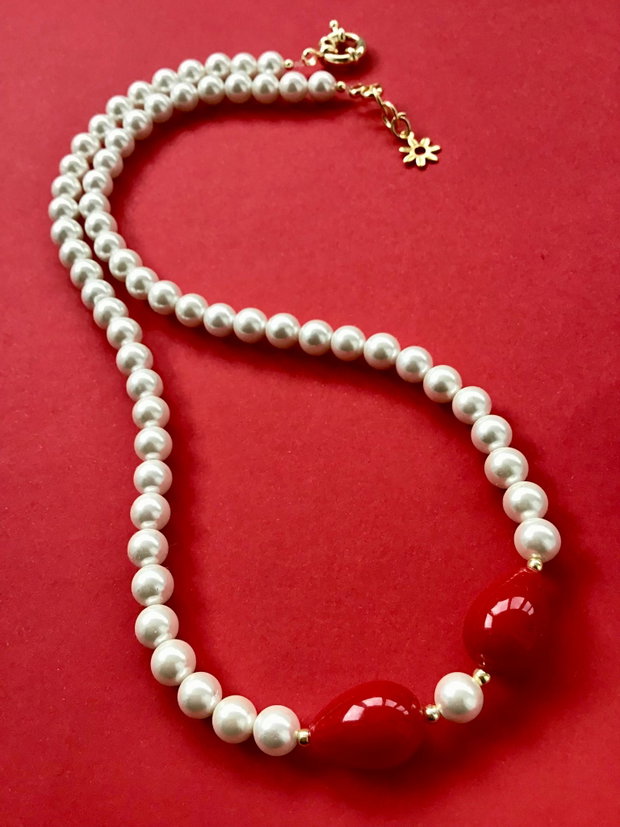 Colier CRACIUN / MARTISOR perle de Mallorca albe & roșii