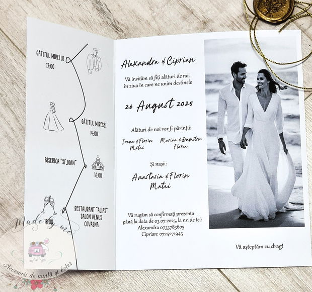 Invitatie nunta alb negru cu nume aurite