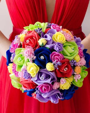 Buchet de mireasa cu flori artificiale curcubeu