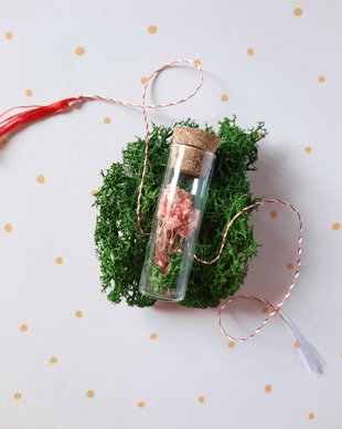 Martisor in sticluta. Martisor cu flori uscate si licheni. Martisor handmade