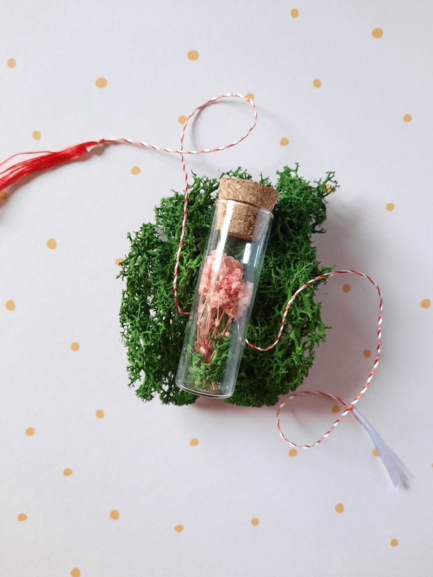 Martisor in sticluta. Martisor cu flori uscate si licheni. Martisor handmade