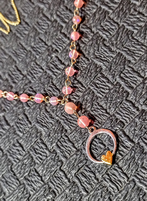 Colier argint opal de foc etiopian roz lant vermeil charm argint inima2 tonuri minimalist boho chic romantic trendy - Transport gratuit