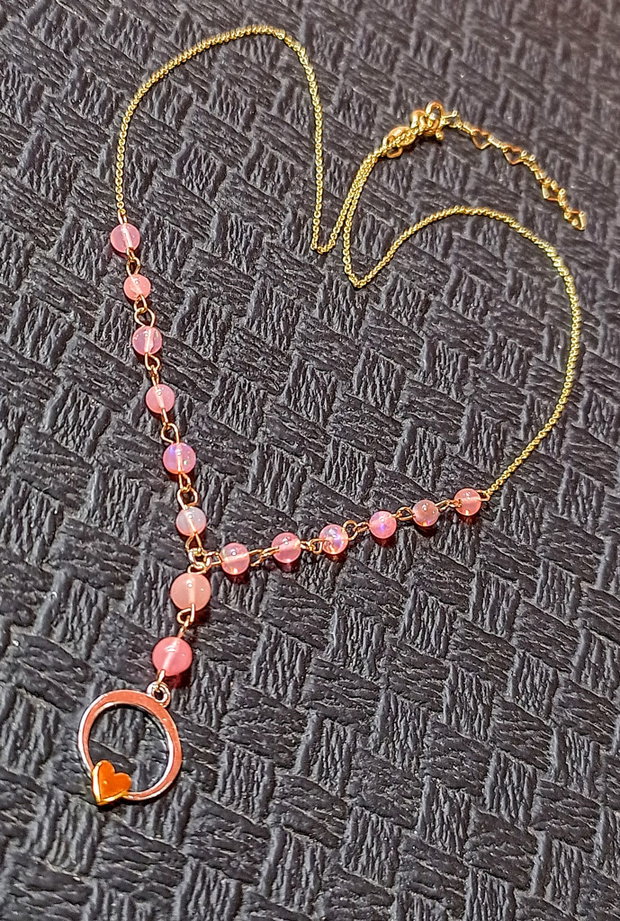 Colier argint opal de foc etiopian roz lant vermeil charm argint inima2 tonuri minimalist boho chic romantic trendy - Transport gratuit