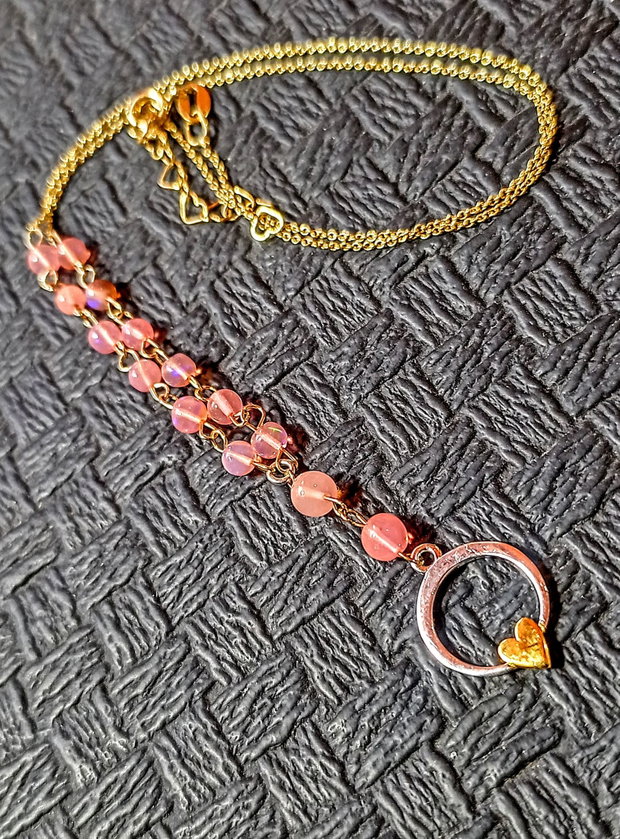 Colier argint opal de foc etiopian roz lant vermeil charm argint inima2 tonuri minimalist boho chic romantic trendy - Transport gratuit