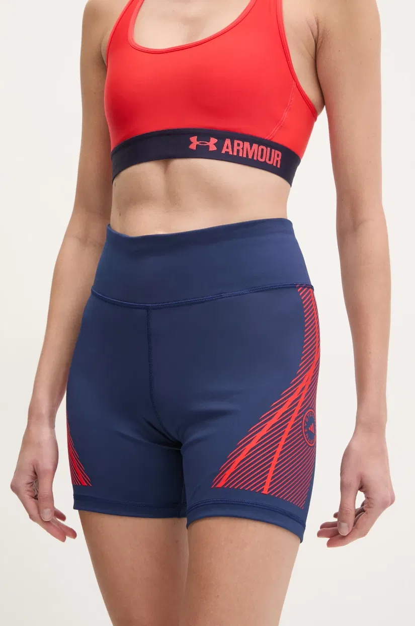 adidas by Stella McCartney pantaloni scurți de antrenament TruePace culoarea bleumarin, cu imprimeu, high waist, JF3800