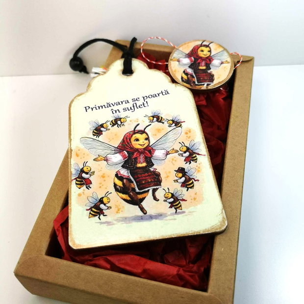Set cadou semn de carte si martisor pentru invatatoare/ educatoare - tema albinute