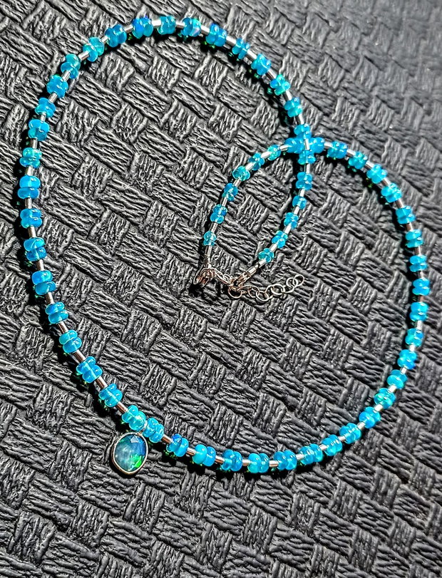Colier argint opal de foc Paraiba albastru charm argint minimalist boho chic trendy - Transport gratuit