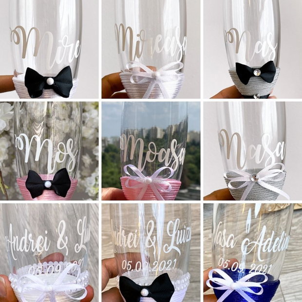 Personalizare pahare sampanie cu text, stickere vinil pentru pahare