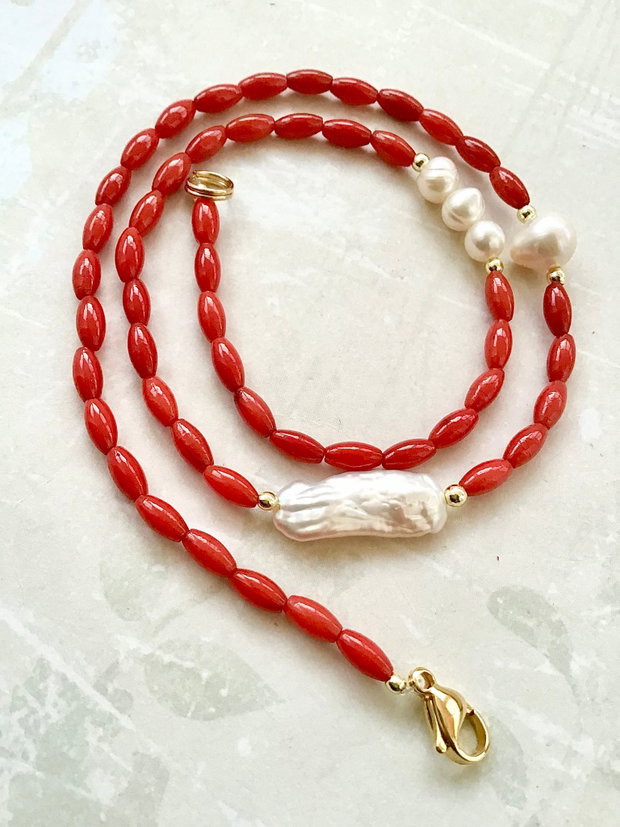Colier MARTISOR CHOKER Coral rosu & perle de cultura / Biwa albe