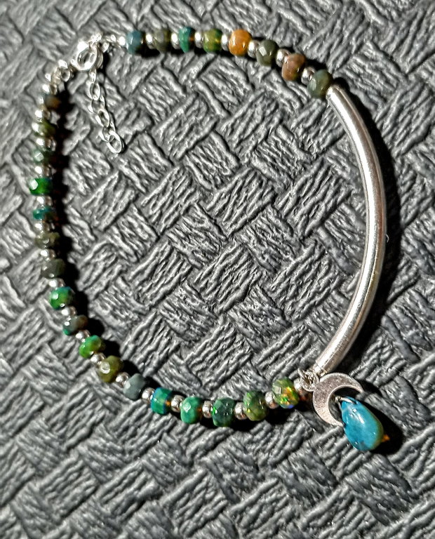 Bratara argint opal de foc etiopian verde charm argint semiluna asimetrica boho chic trendy - Transport gratuit