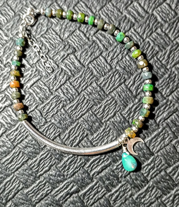 Bratara argint opal de foc etiopian verde charm argint semiluna asimetrica boho chic trendy - Transport gratuit