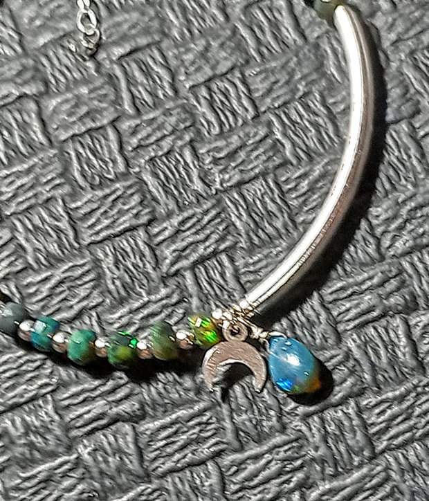 Bratara argint opal de foc etiopian verde charm argint semiluna asimetrica boho chic trendy - Transport gratuit