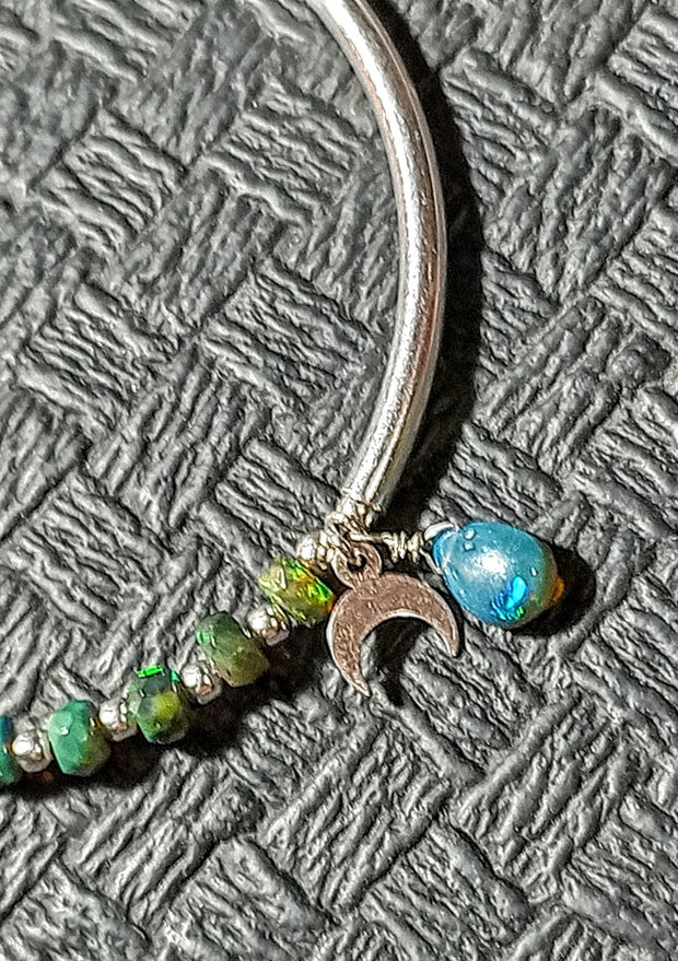 Bratara argint opal de foc etiopian verde charm argint semiluna asimetrica boho chic trendy - Transport gratuit