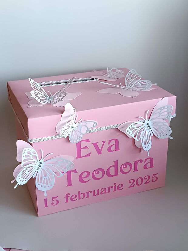 Cutie pentru dar botez fetiță Fluturi roz