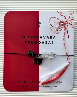 Bratara martisor cu onix negru si cuart transparent - pisica