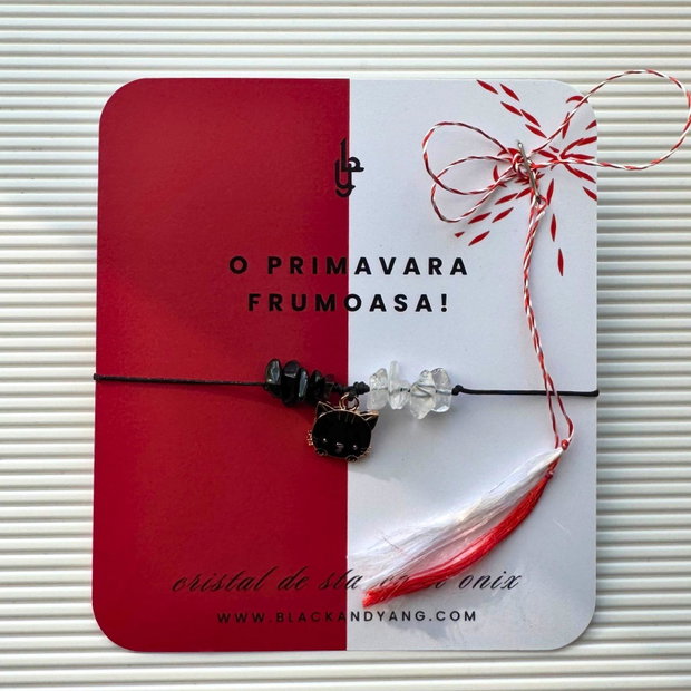 Bratara martisor cu onix negru si cuart transparent - pisica