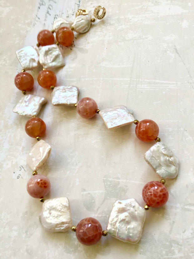 Colier perle baroc & agate carneol