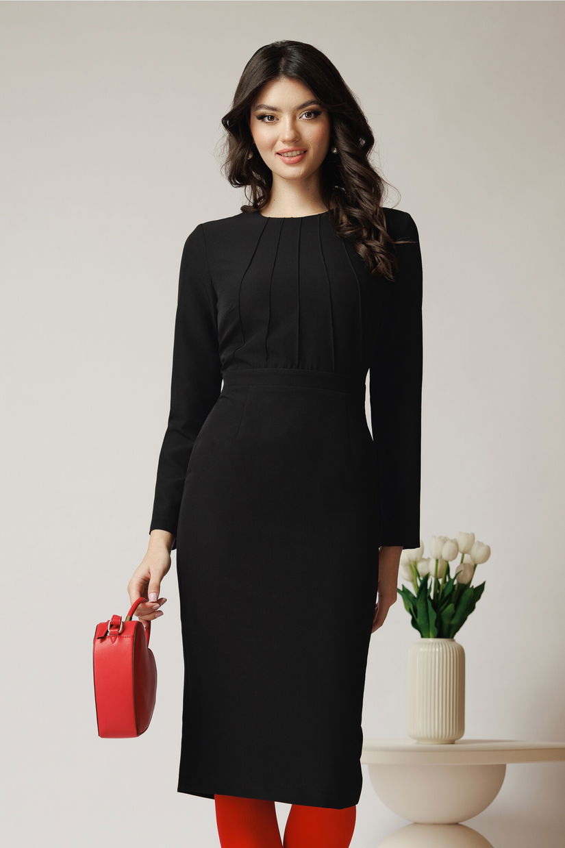 Rochie DY Fashion office din stofa neagra cu detalii cusute pe bust