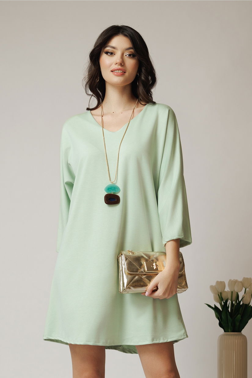 Rochie smart-casual din viscoza verde mint cu funda din satin la spate