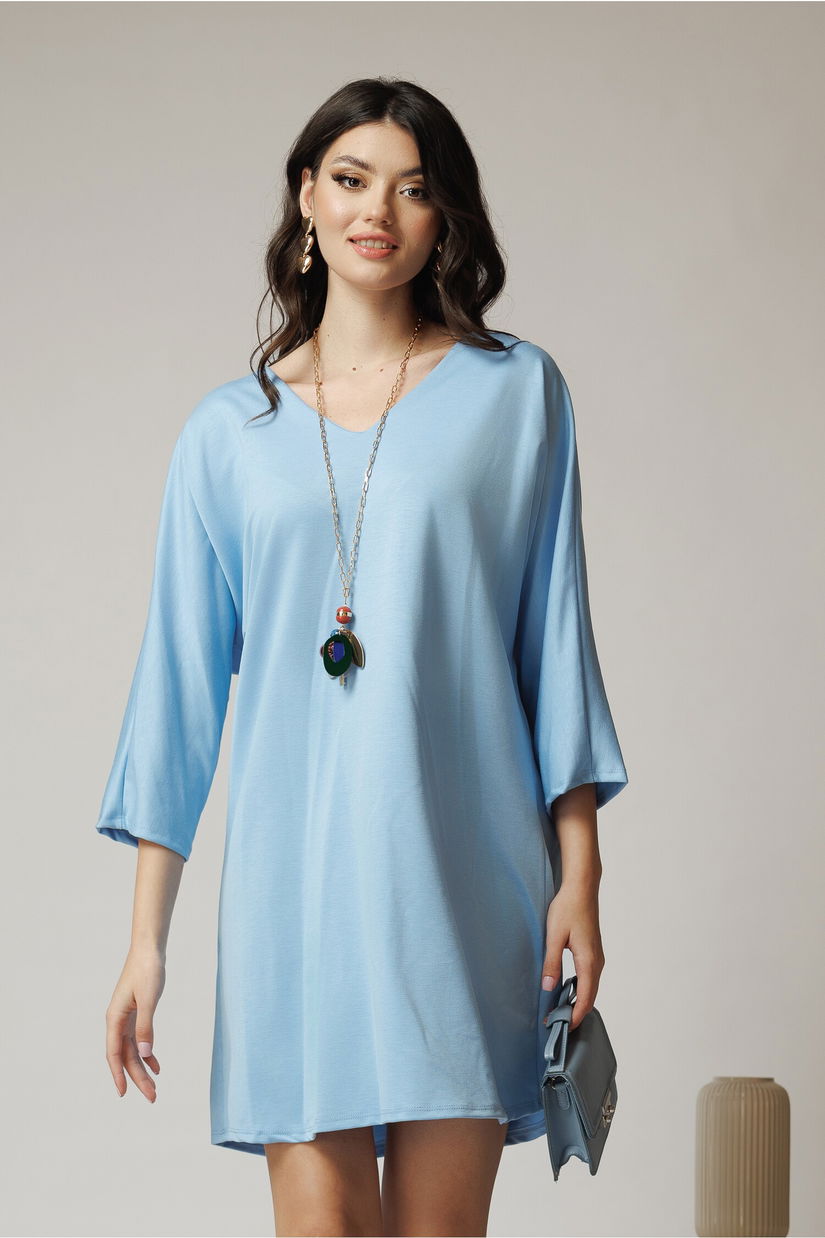 Rochie smart-casual din viscoza bleu cu funda din satin la spate