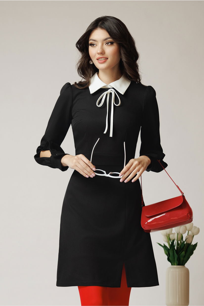 Rochie Moze office din stofa neagra cu guler alb