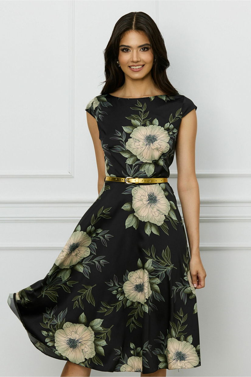 Rochie de zi din satin neagra cu imprimeuri florale si curea in talie