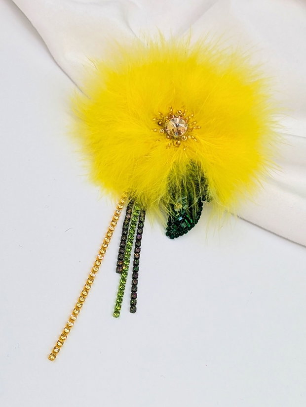 Broșă Păpădie cu pene și ștrasuri- Feather Dandelion