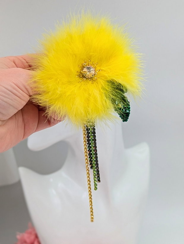 Broșă Păpădie cu pene și ștrasuri- Feather Dandelion