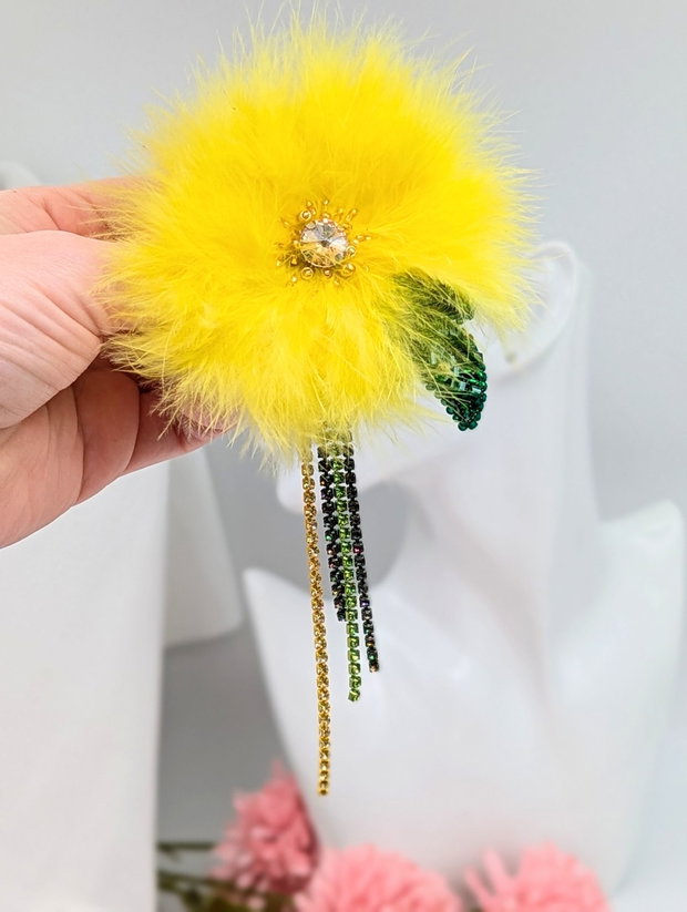 Broșă Păpădie cu pene și ștrasuri- Feather Dandelion