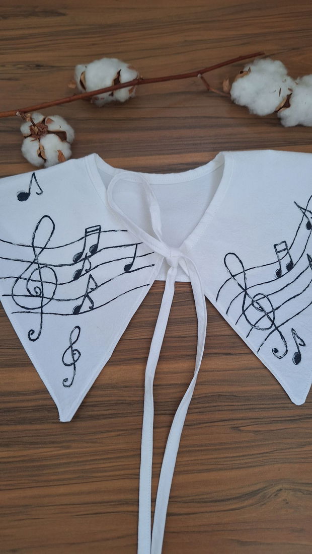 Guler pictat cu note muzicale/ guler alb cu snur/ guler decorativ/guler alb