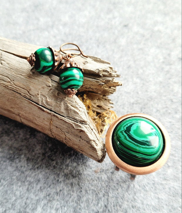 Set Inel cupru/Malachit & cercei cadou