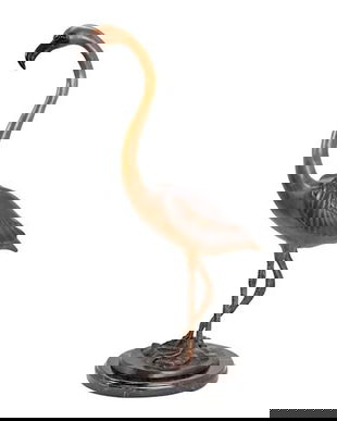 Flamingo-statueta din bronz cu un soclu din marmura