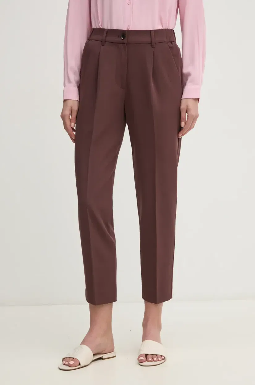 Sisley pantaloni femei, culoarea maro, drept, high waist