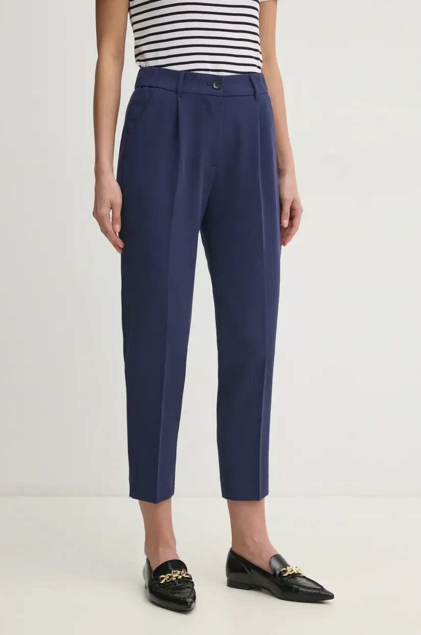 Sisley pantaloni femei, culoarea albastru marin, drept, high waist