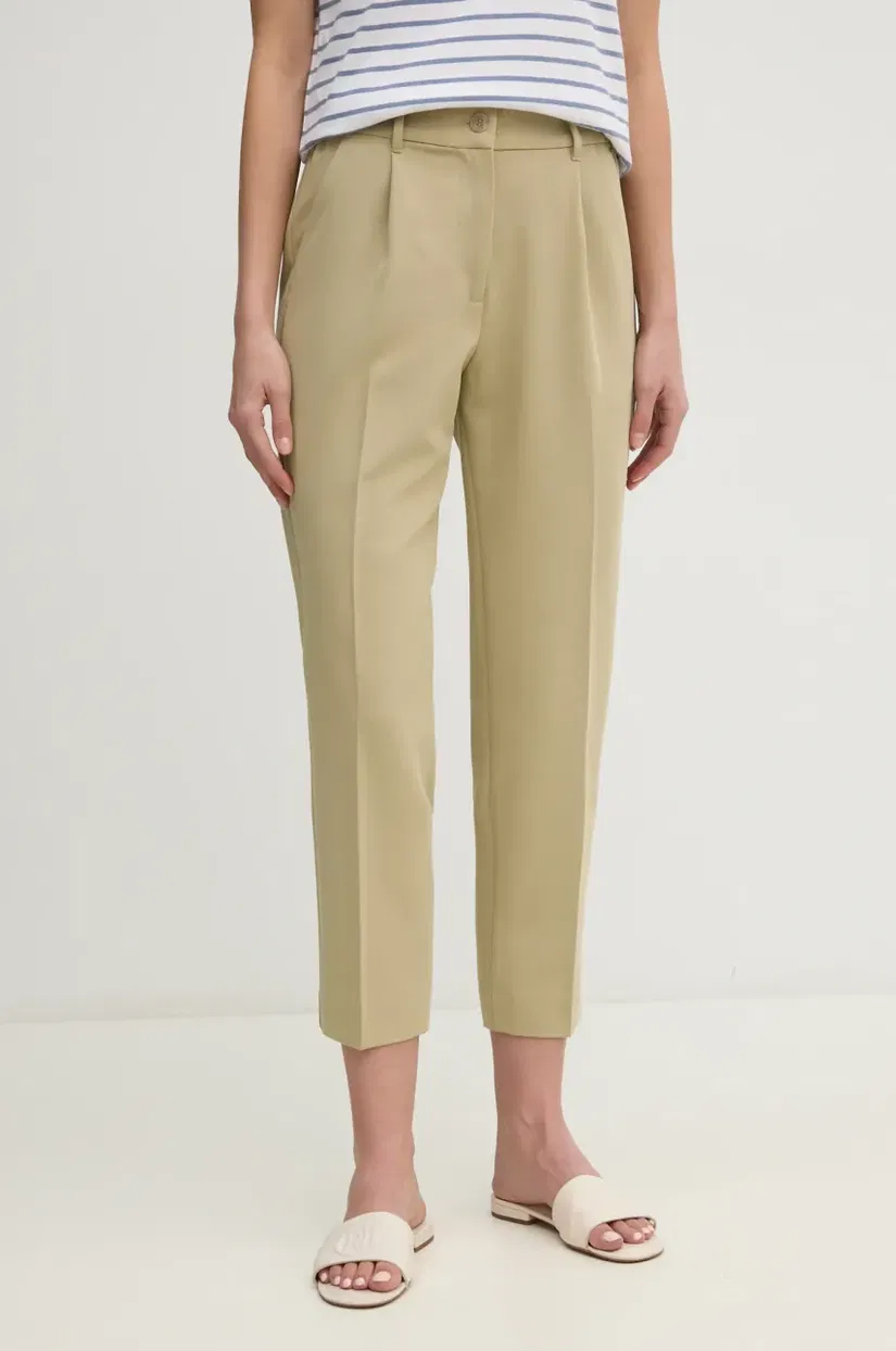 Sisley pantaloni femei, culoarea verde, drept, high waist