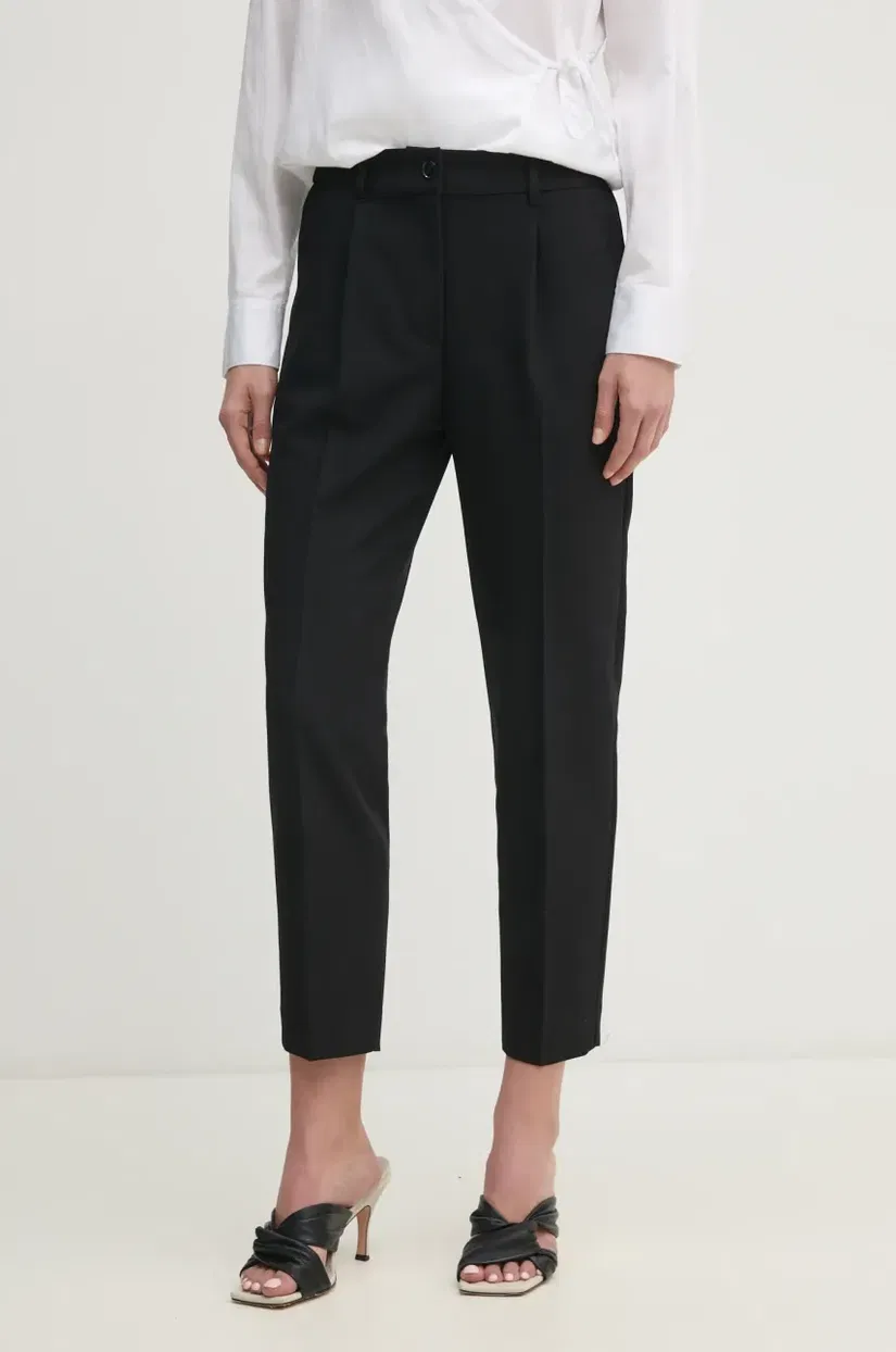 Sisley pantaloni femei, culoarea negru, drept, high waist