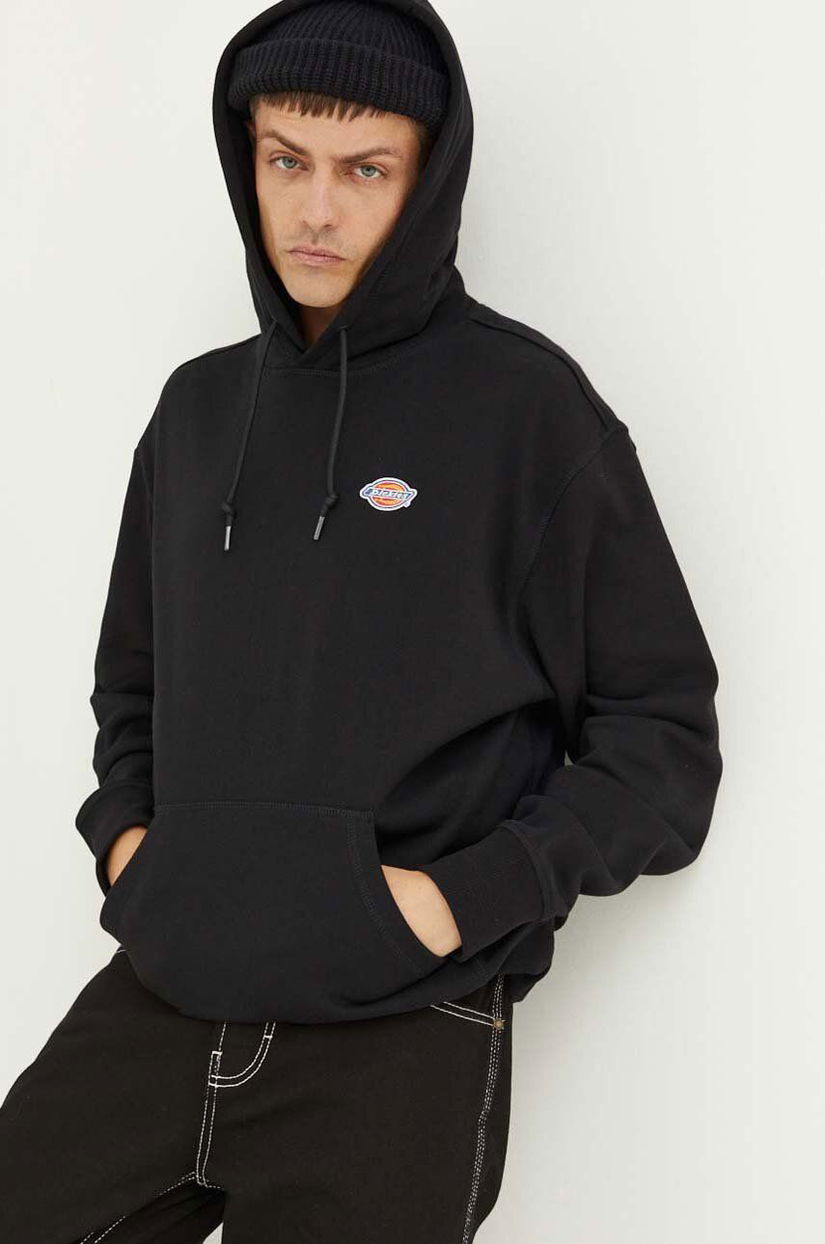 Dickies hanorac de bumbac barbati, culoarea negru, cu glugă, neted