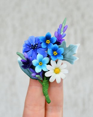 Cicoare, nu ma uita, margarete si lavanda- Brosa buchet