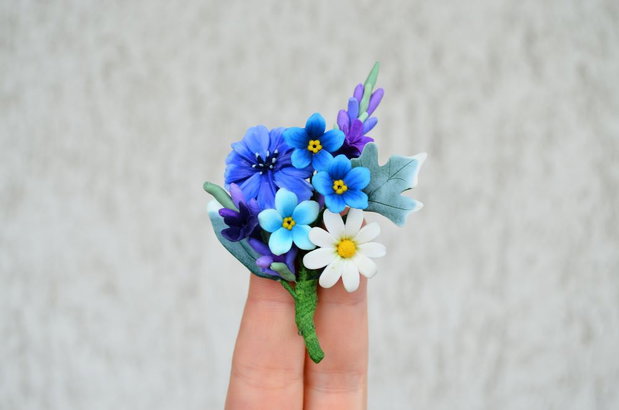 Cicoare, nu ma uita, margarete si lavanda- Brosa buchet