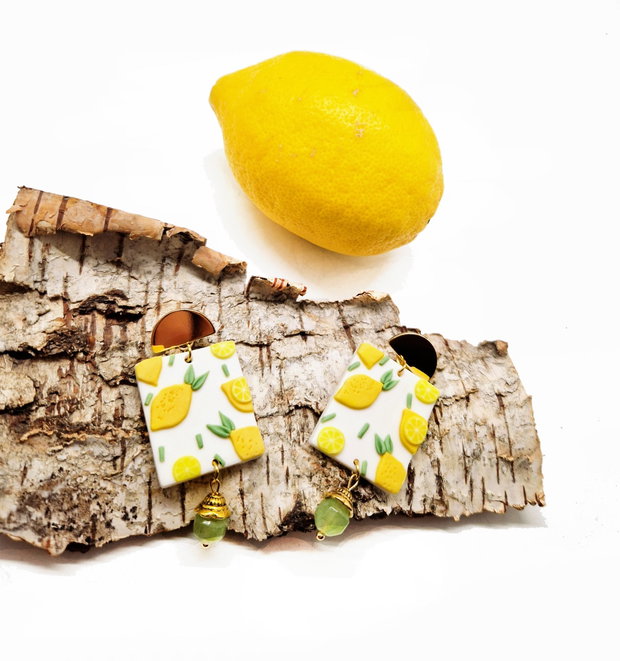 Cercei "Fresh Lemons" din lut polimeric, dolomit si aliaj metalic placat cu aur