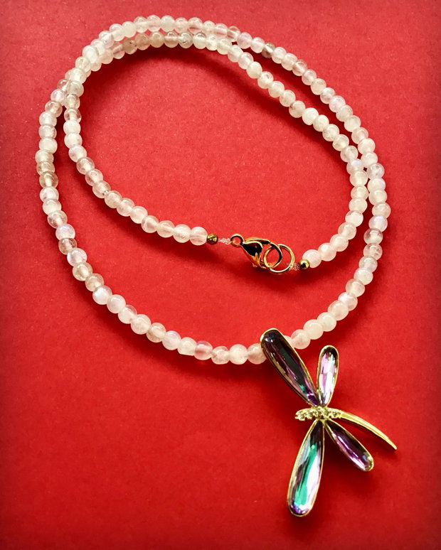 Colier CHOKER Piatra lunii naturala & libelulă
