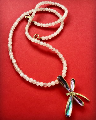 Colier CHOKER Piatra lunii naturala & libelulă